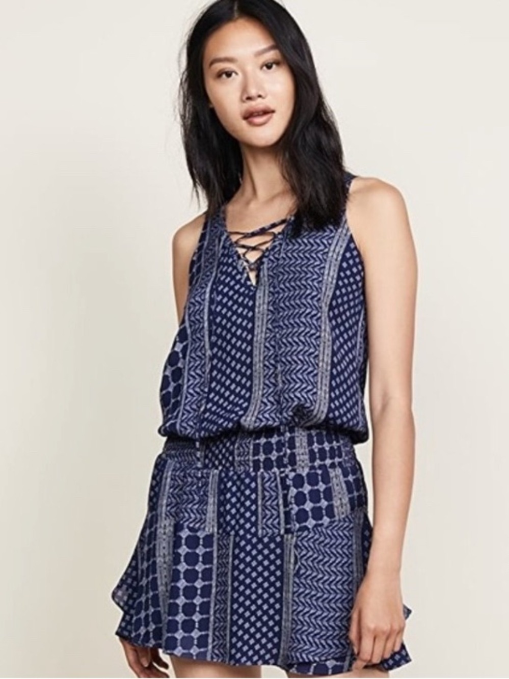 Ramy Brook Navy & White Lace-Up Printed Mini Dress Size XS